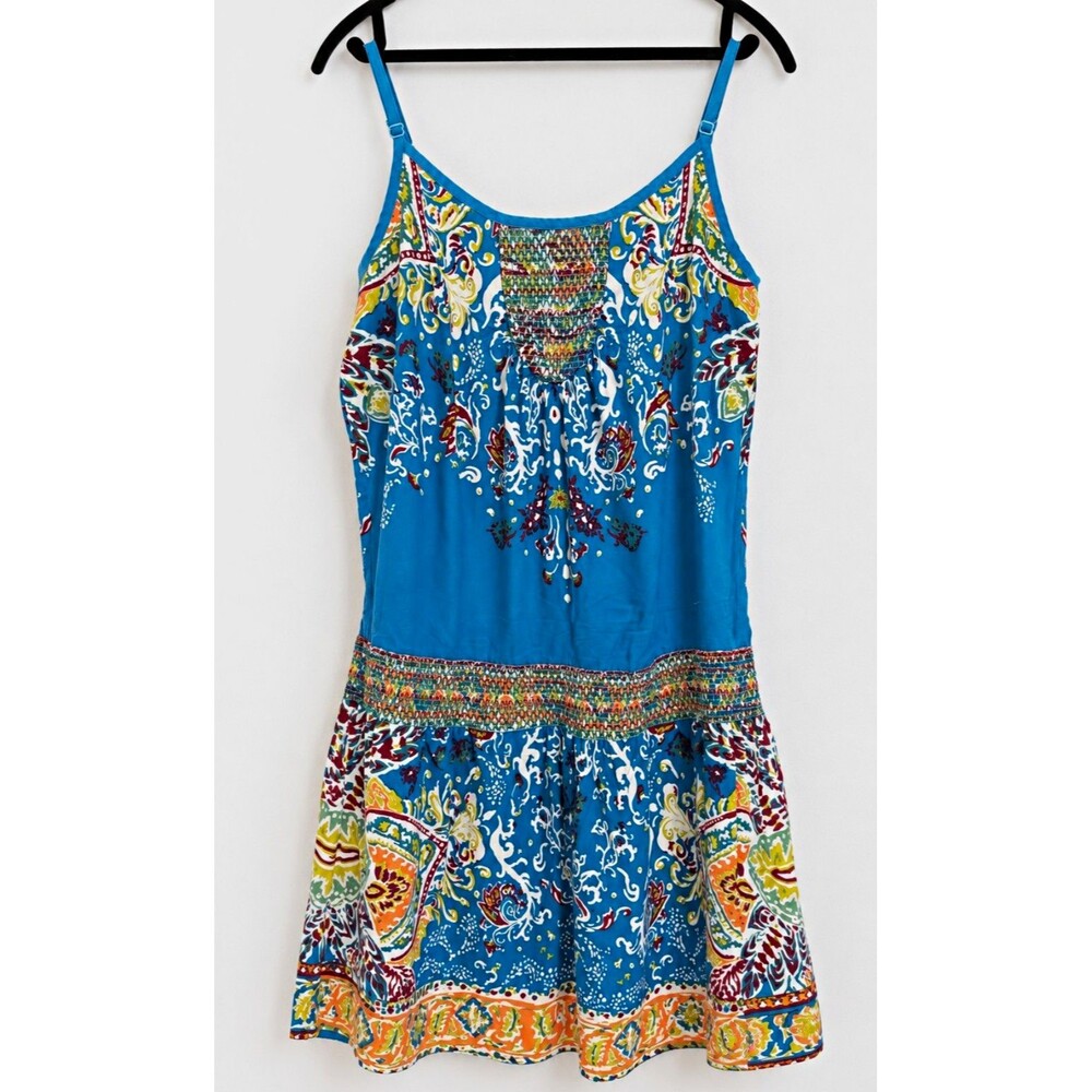 Lucky Brand Mini Sun Dress S Boho Paisley Teal Blue Smocked Drop Waist Festival